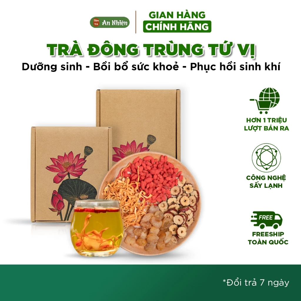 [Combo Trà + Bình thuỷ tinh] - Trà Đông Trùng  Tứ Vị An Nhiên 15 gói + Bình Pha Trà 500ml