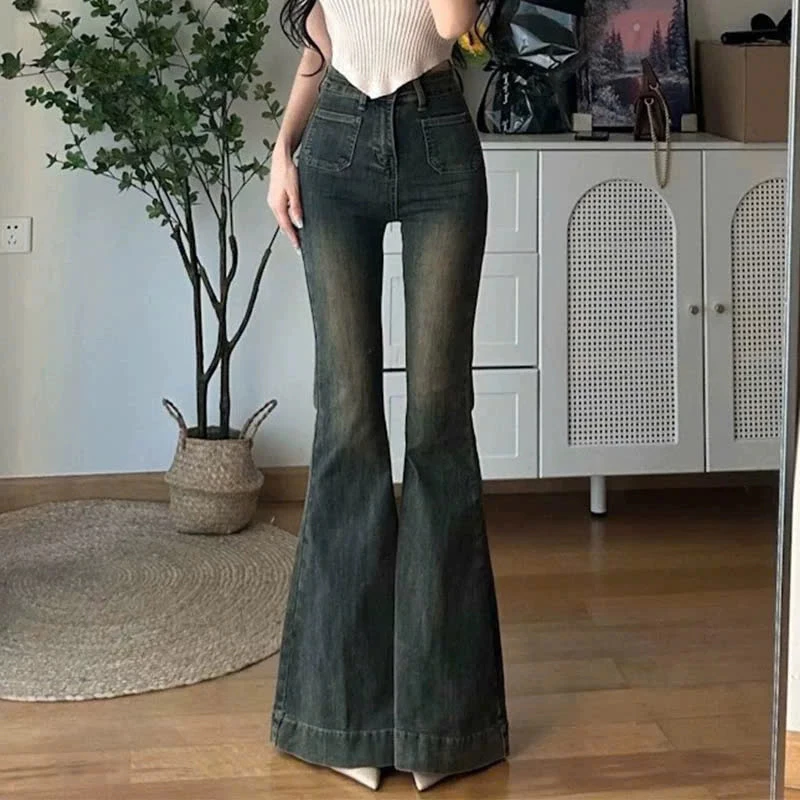 c Quần jean nữ ống loe cạp cao WHOSE,quần bò jeans nữ đen ống loe co giãn cao cấp phong cách Retro Ulzzang 2023 d