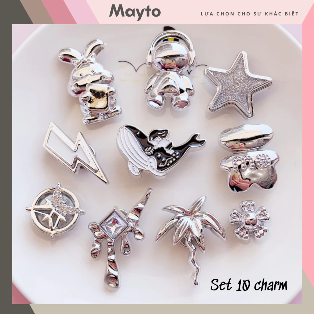 Bộ 10 Sticker, Charm 3D chủ đề Cá voi bling nhựa cứng gắn Dép Sục, Cá sấu MayTo JB-407