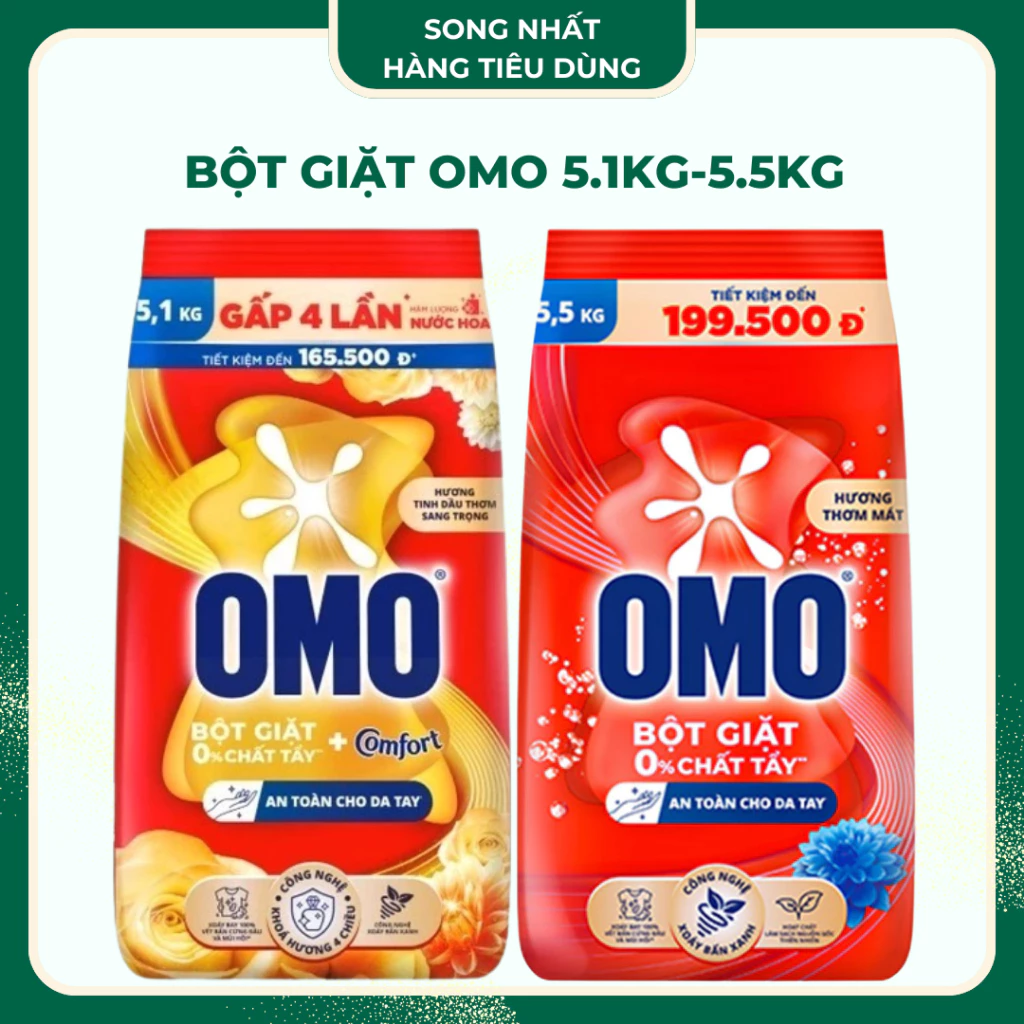 Bột Giặt OMO Thơm Mát 5.5Kg / Tinh Dầu Thơm 5.1Kg