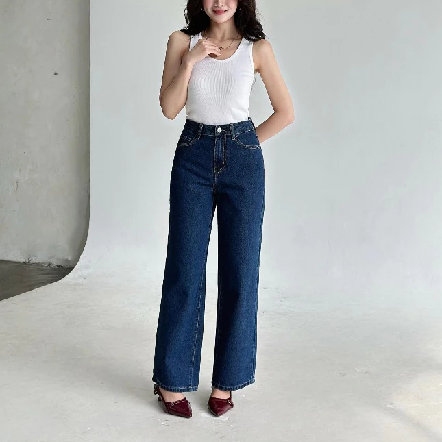 Quần Jean Ống Rộng Nữ, Không Co Giãn REDE L-031 Ống Vừa Mặc Thoải Mái, Lưng Cao, Màu Xanh Navy Trẻ Trung