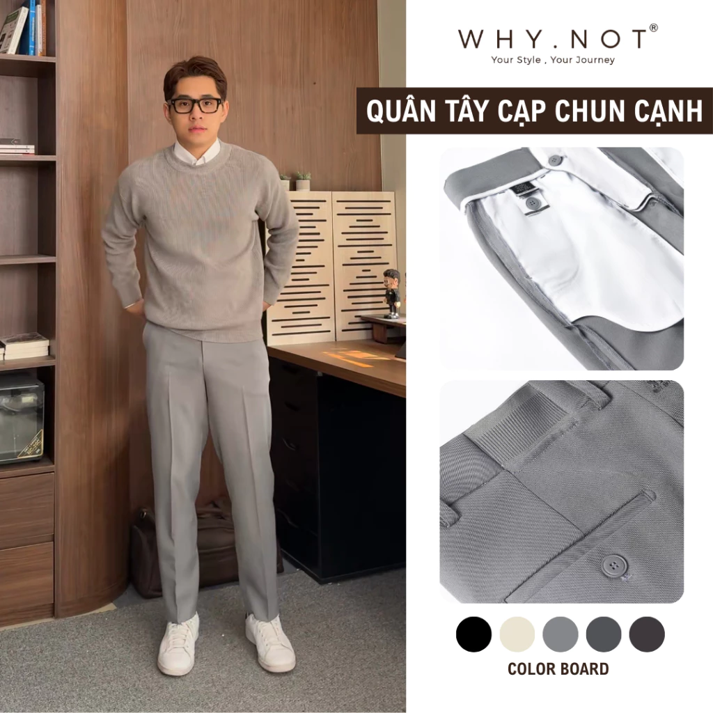 Quần Tây Nam Màu Ghi Nhạt (Xám) Ống Đứng Cạp Chun Cạnh Sườn WHY NOT - Quần Âu Nam Cạp Cao WHY.NOT