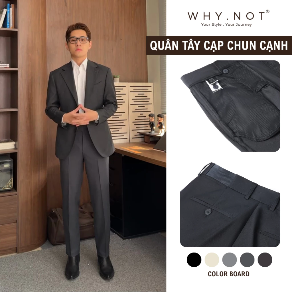 Quần Tây Nam Màu Ghi Đậm (Xám Đậm) Ống Đứng Cạp Chun Cạnh Sườn WHY NOT - Quần Âu Nam Cạp Cao WHY.NOT Dark Grey