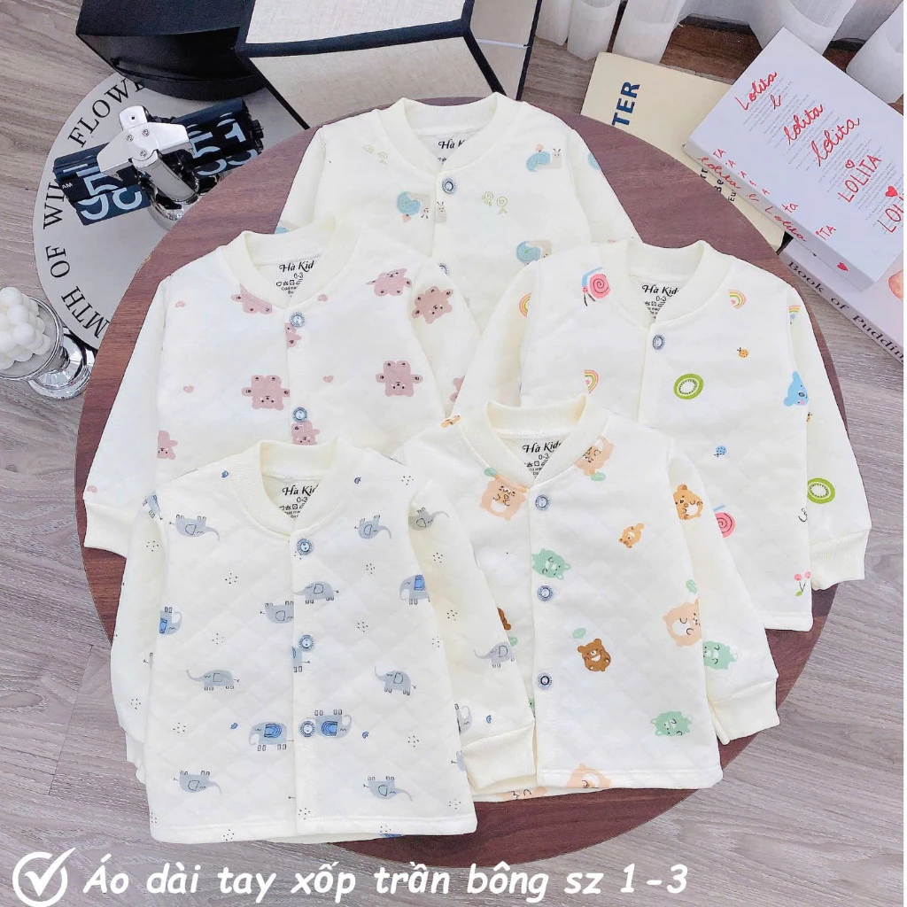 [Combo 2/3-Không mũ] Áo Khoác Xốp Dài Tay Cổ Trụ Chất Xốp Trần Bông Mềm, Ấm, Cúc Giữa Cho Bé Sơ Sinh