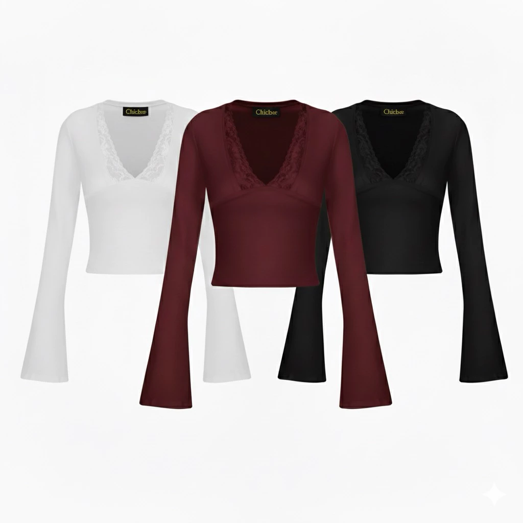 [HOẢ TỐC HCM] Áo tay dài ống loe dáng croptop cổ V viền ren xẻ sâu ôm sát gợi cảm