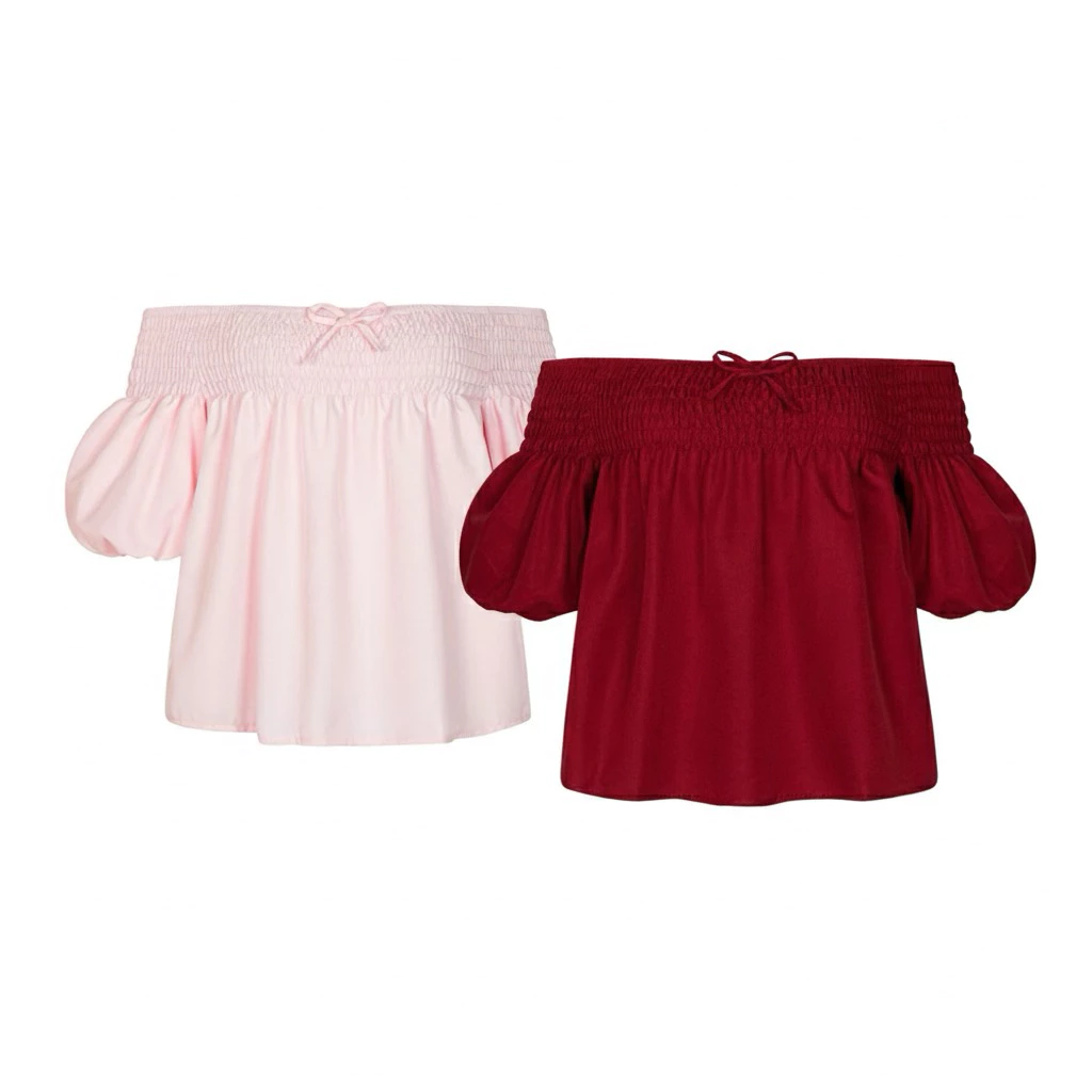 Áo kiểu trễ vai tay phồng lửng, bo chun dáng babydoll đính nơ, thiết kế tiểu thư
