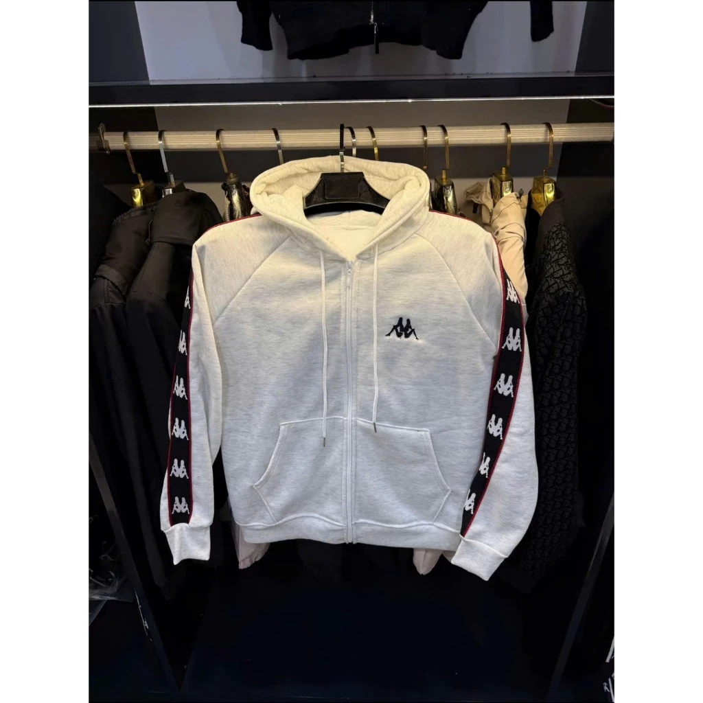 Áo Hoodie Zip Nỉ K333 Màu Xám Logo Thêu Phối Dọc Tay Dệt Kim Có Mũ Dày Dặn Cao Cấp Mới 2026