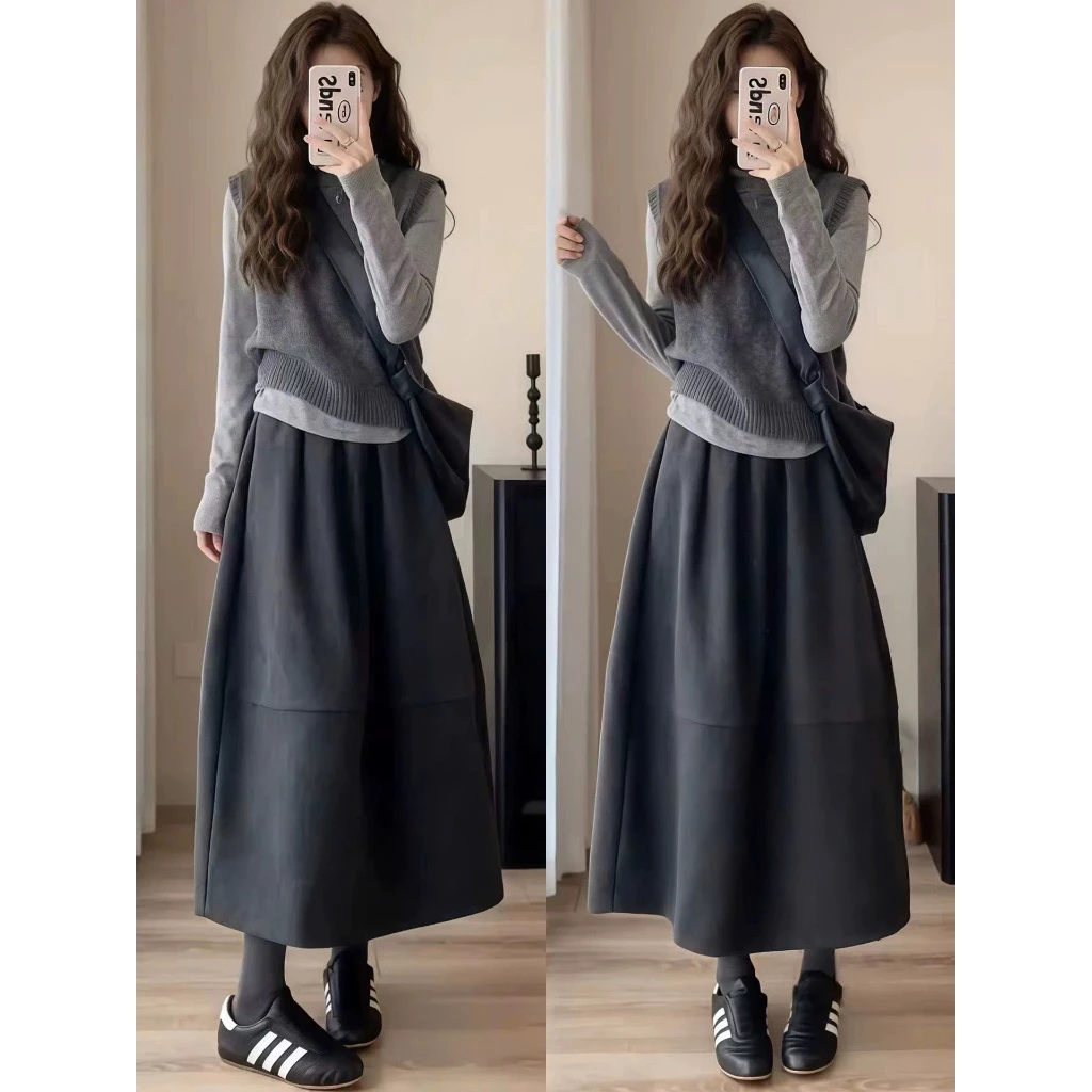Chân váy chữ A dáng lửng form xòe rộng PEAR.CLUB, chân váy nữ dạ phong cách dễ thương, mặc thu đông Tết