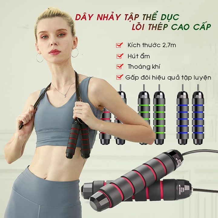 Dây nhảy thể dục nhẩy dây giảm cân lõi thép thể thao dài 2,7 đốt mỡ bụng không tạ có tạ
