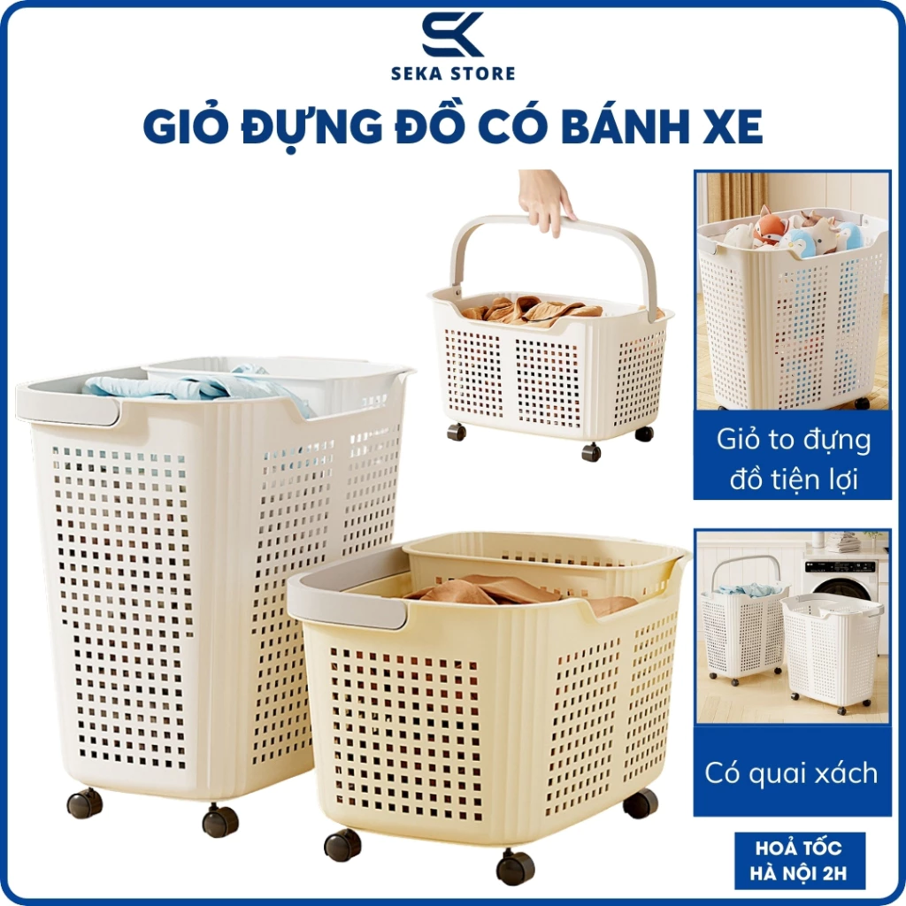 Giỏ Đựng Đồ Đa Năng Có Bánh Xe Và Quai Xách, Rổ Đựng Quần Áo Bẩn