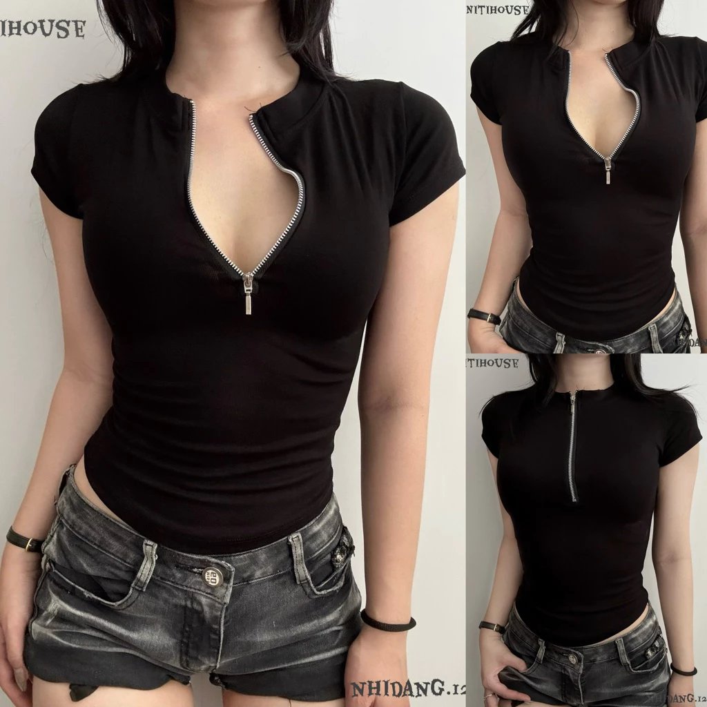 [AKN] Áo khoá kéo ngắn tay dáng chiết eo thun trơn ôm body y2k dáng lửng