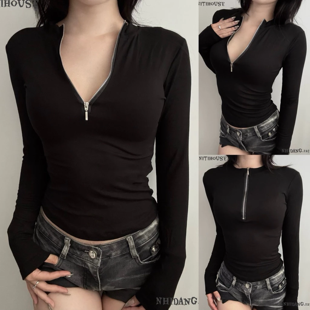 [AKD] Áo tay dài khoá kéo bạc thun trơn ôm body dáng lửng Y2K