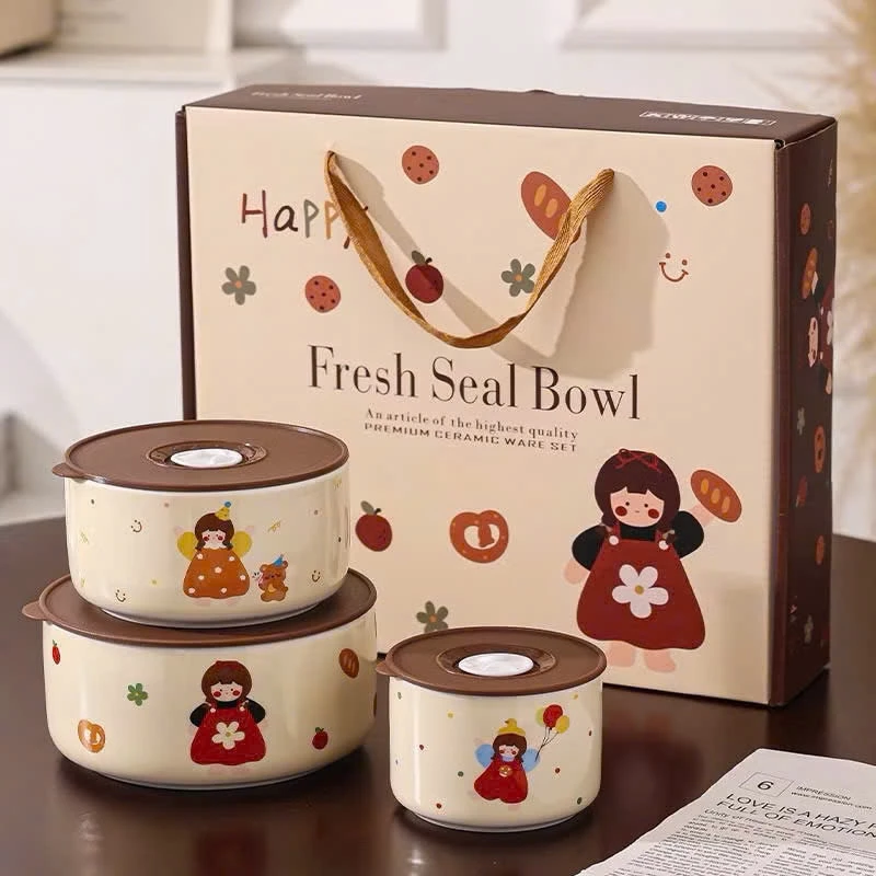 Set 3 tô bát sứ nắp nhựa hút chân không Thái Lan dùng được lò vi sóng, máy rửa bát