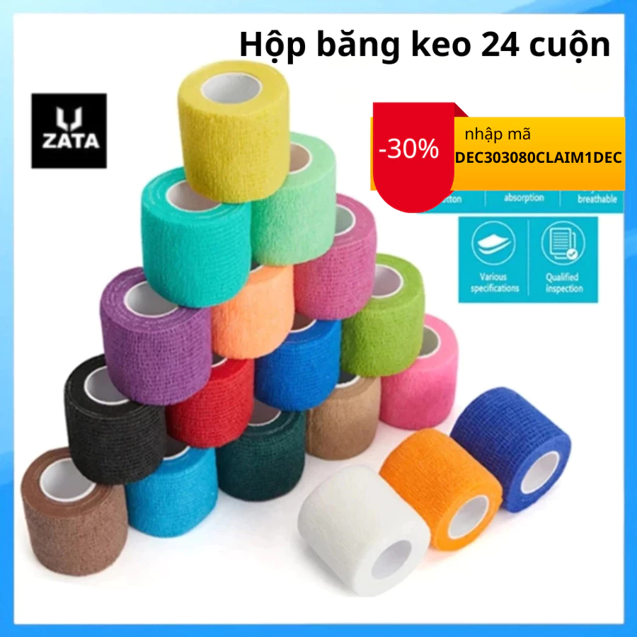 [Hộp 24 cuộn]Băng quấn thể thao quấn cổ chân đá bóng dán cơ vải, hạn chế chấn thương, Băng keo cao su Zata Vn - BKCS