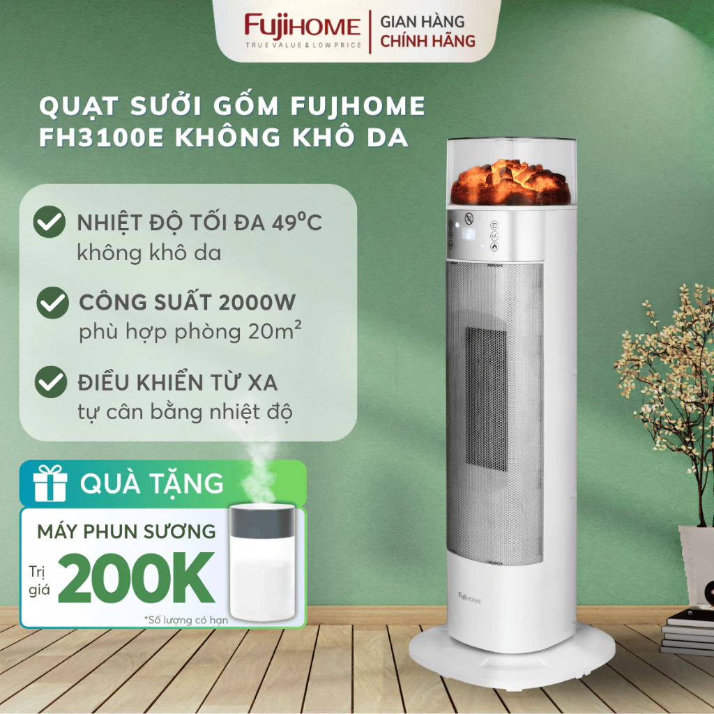 Quạt sưởi ceramic Nhập Khẩu FUJIHOME FH3100E cao cấp, máy sưởi gốm phòng ngủ ấm nhanh không khô da