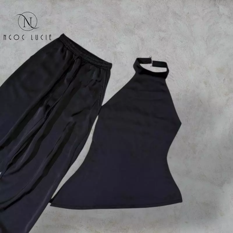 H15 - Set Bộ Áo Yếm Nút Cài Vạt Chéo Xẻ Tà + Quần Suông Lưng Thun Vải Lụa Phong Cách Sang Trọng, Đơn Giản - Ngọc Lucie