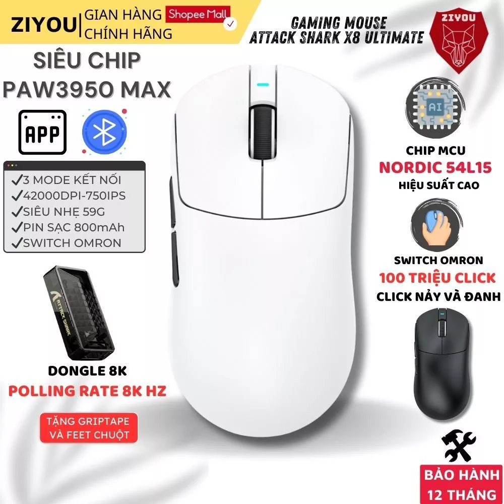Chuột Gaming Không Dây Chuyên Game Ziyou Attack Shark X8 Ultimate Chip PAW3950MAX Switch Omron App