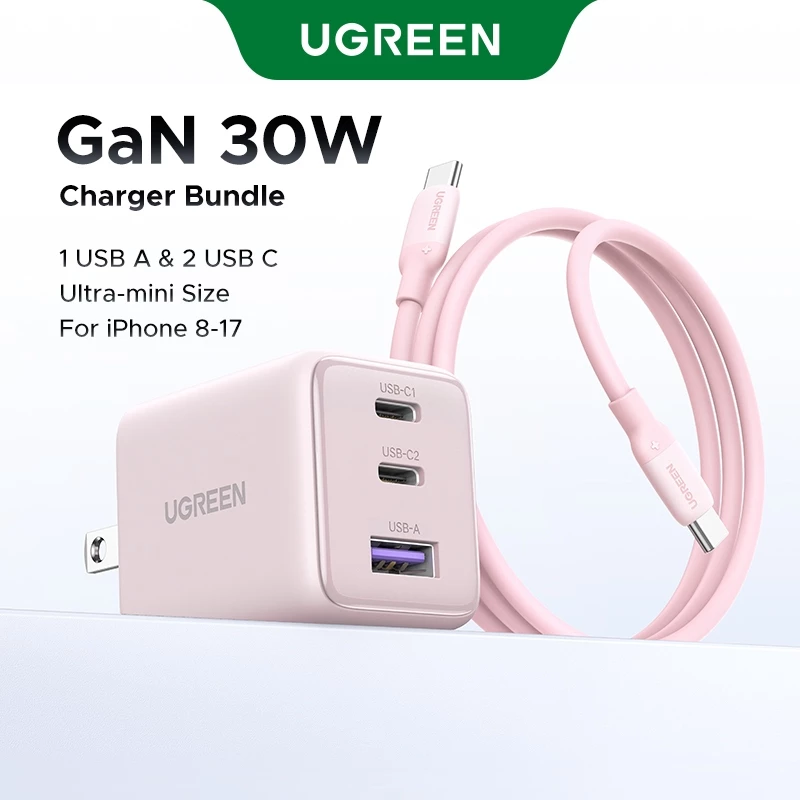 UGREEN GaN II Bộ sạc 30W 3 cổng usb-C sạc nhanh Bộ sạc nhanh  kích thước nhỏ cho for iPhone 17-12|Samsung|X515