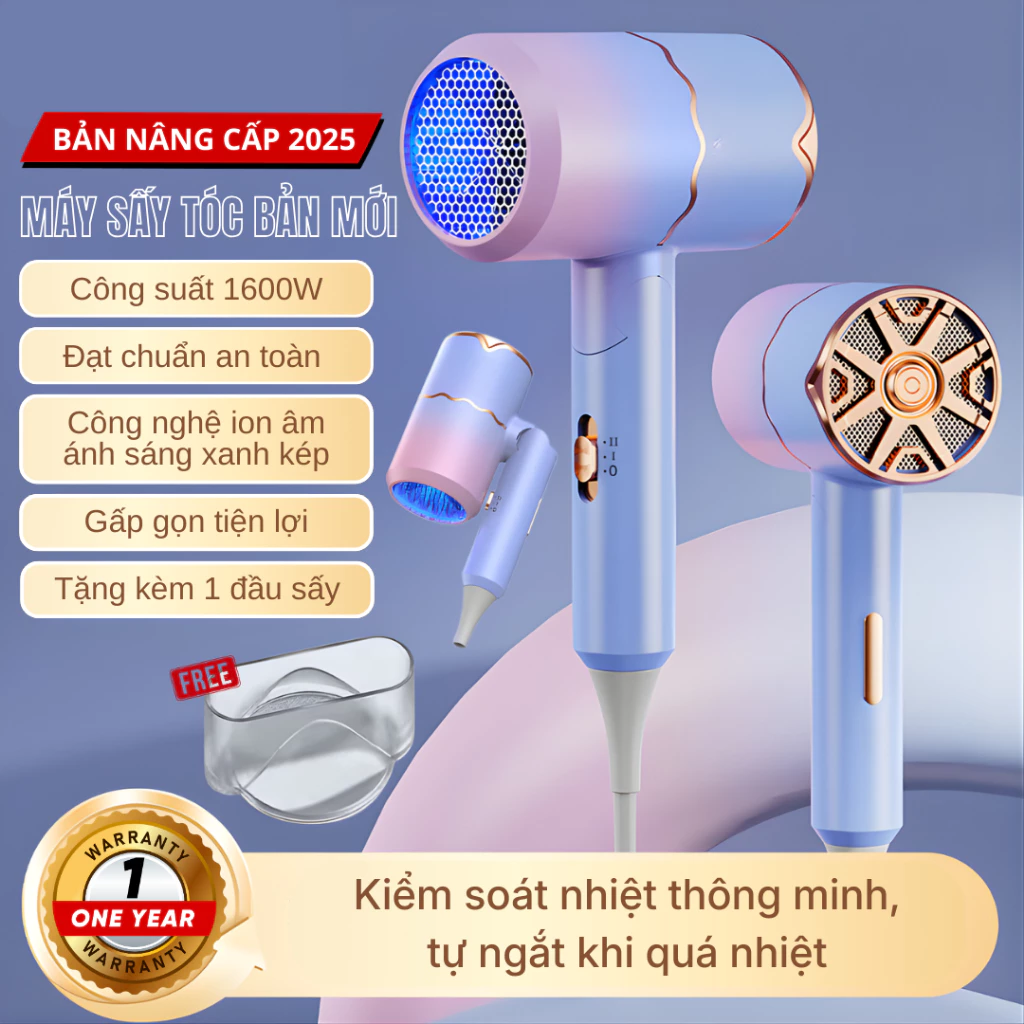 Máy Sấy Tóc 1600W Gấp Gọn, Sấy Nhanh 2 Chiều Công Nghệ Ion, Máy Sấy Tóc Mini Cho Gia Đình Du Lịch