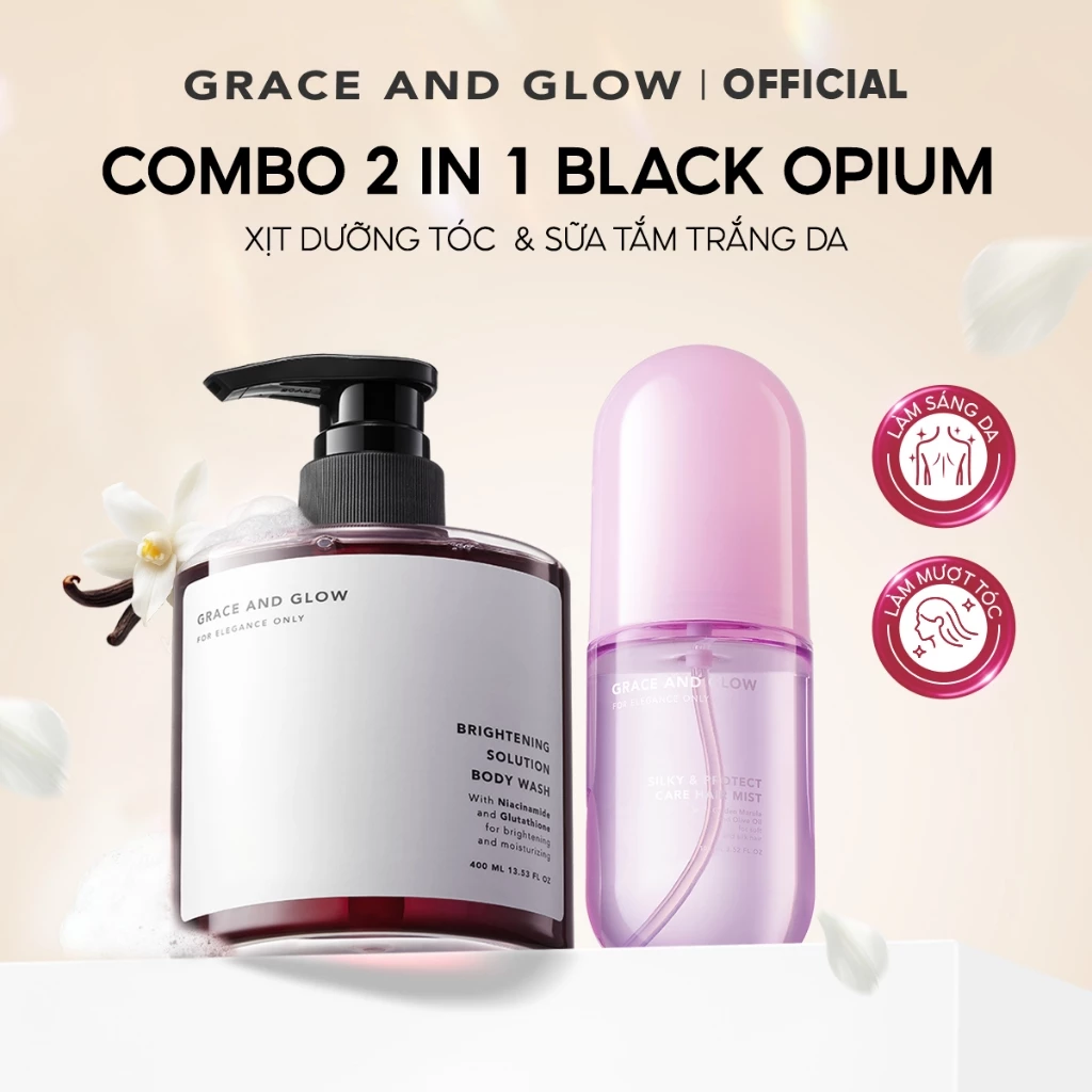 Combo 2 sữa tắm và xịt dưỡng tóc Grace and Glow hỗ trợ hương thơm lâu dài 400ml + 100ml