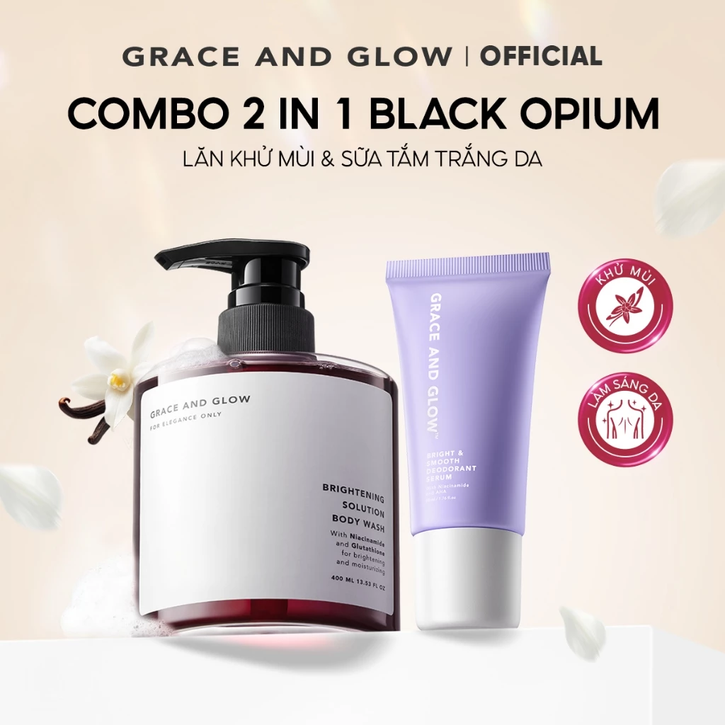 [Tặng Quà] Combo Sữa tắm và Lăn khử mùi Grace and Glow Black Opium 400ml + 50ml trắng da dưỡng ẩm tẩy da chết Lăn Nách