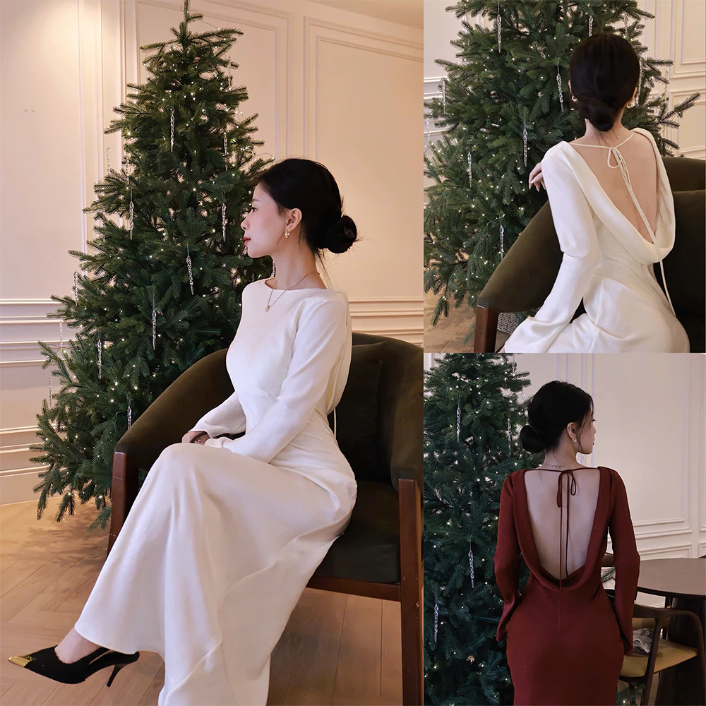 LYC FASHION -Lưu Ly Dress đầm lụa tay dài đổ lưng đi tiệc