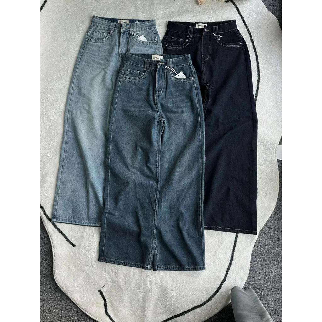 (Dài 95cm&103cm)-(S-XL) Quần jeans ống suông phố túi kiểu dáng trơn basic có suông nấm lùn, Quần jean ống rộng