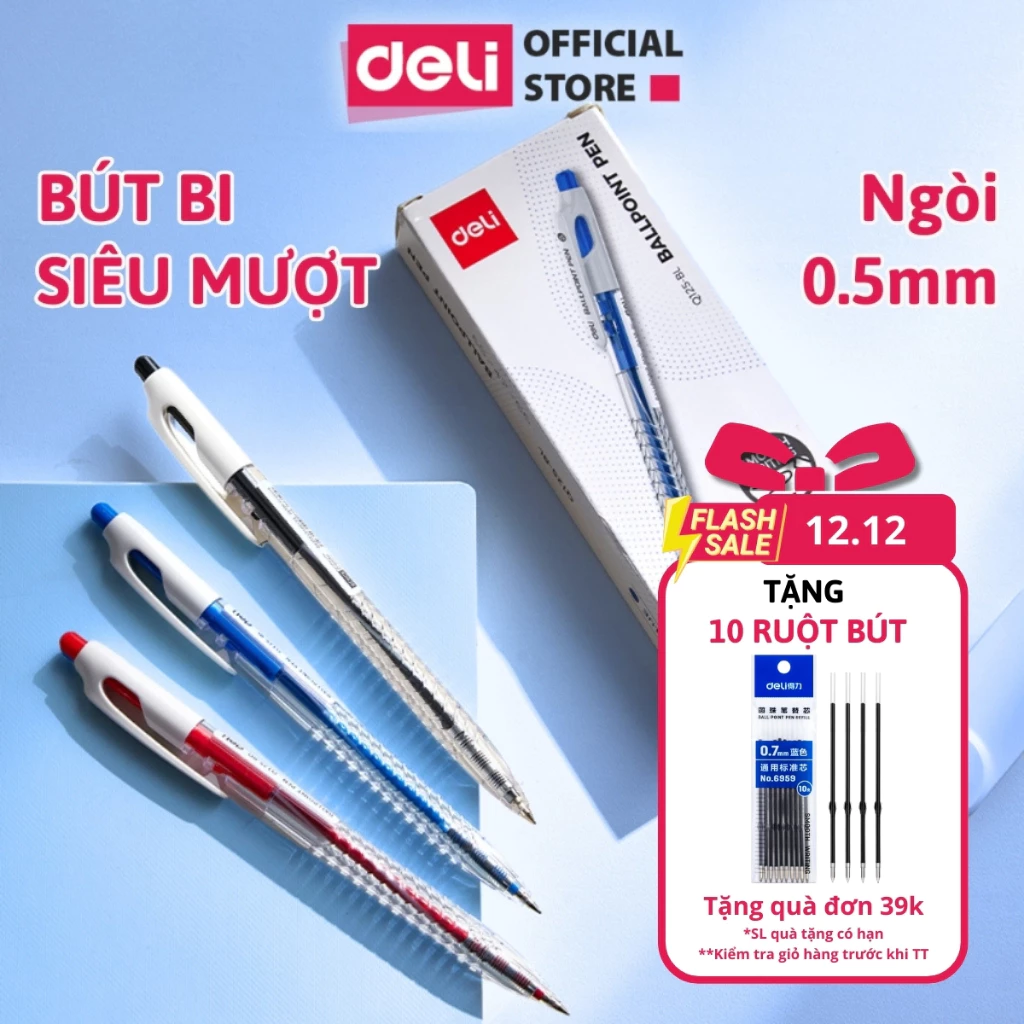 Combo 5/12/20 Bút Bi Deli Ngòi 0.5mm Cao Cấp, Nét Thanh Mảnh, Viết Siêu Mượt Không Tắc Trẻ Trung Hiện Đại