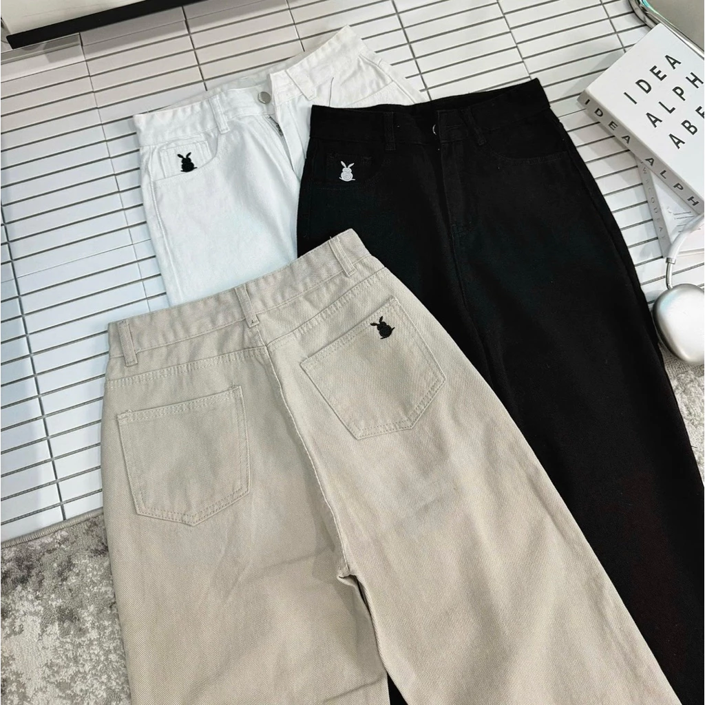 (Có suông nấm 95cm&103cm)-(XS-XL)Quần jean nữ ống suông thêu thỏ có suông nấm lùn, quần kaki nữ ống rôngjgj ko i
