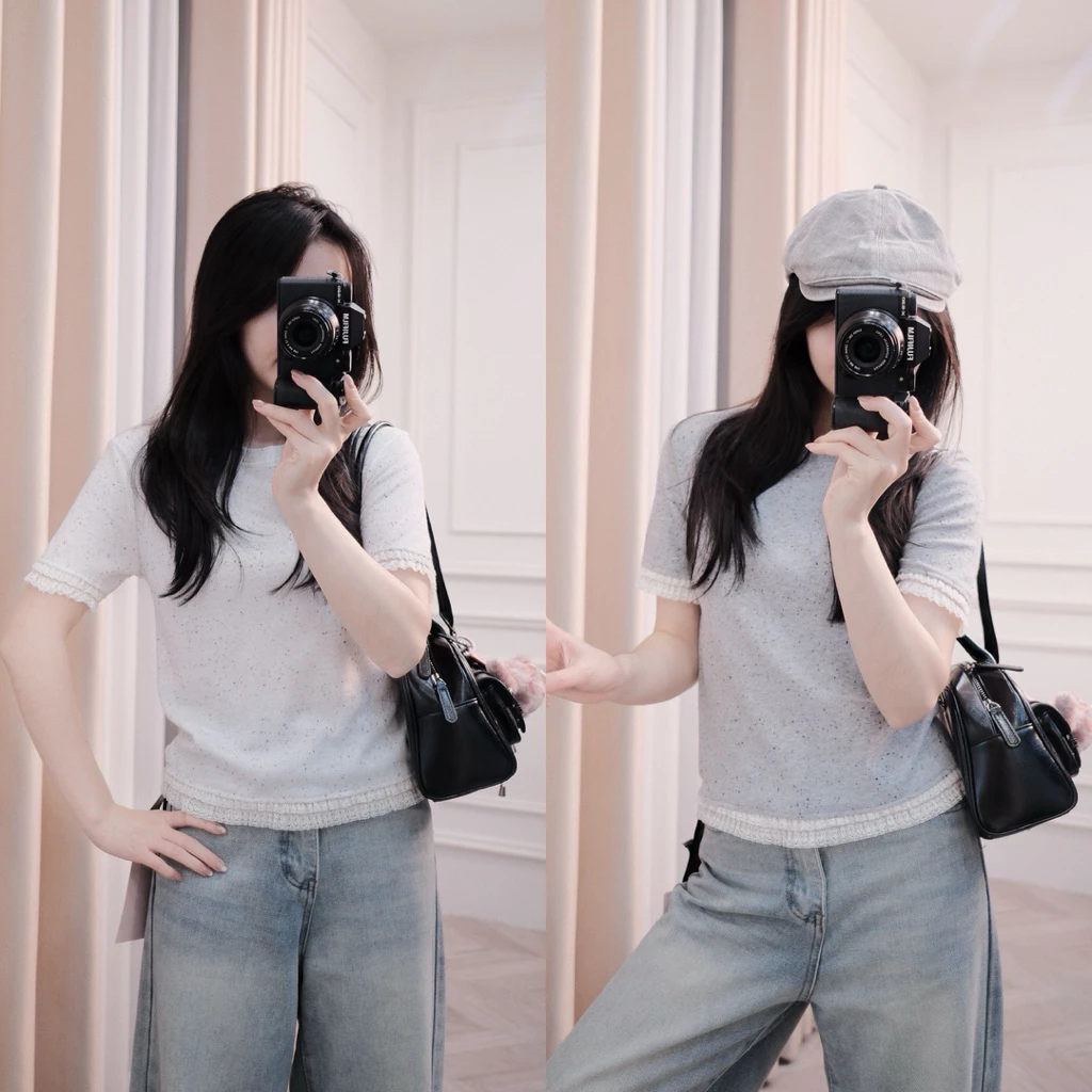 [Steezy] Áo thun gân muối tiêu phối viền ren form vừa, áo thun gân phong cách đơn giản xuân hè cho nữ P7730