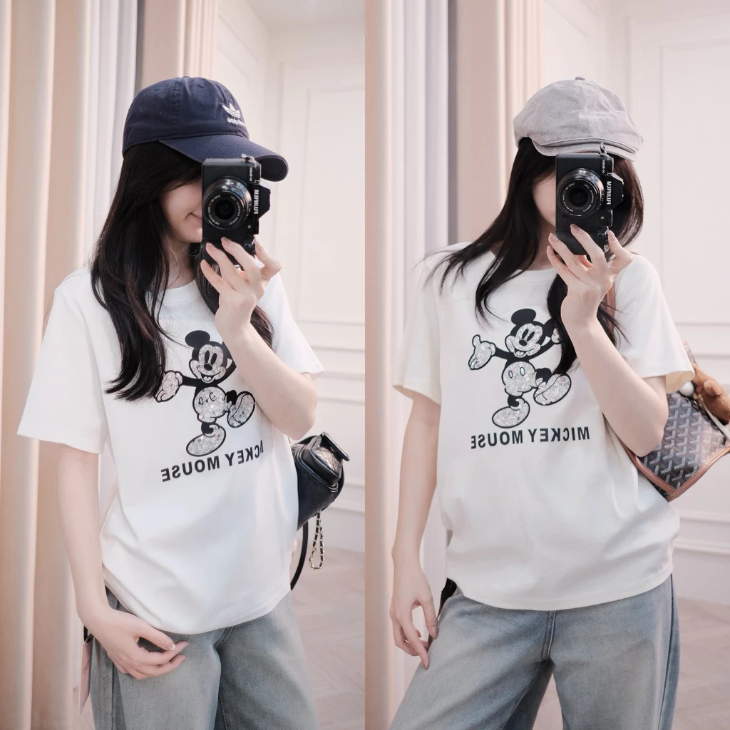 [Steezy] Áo phông thun cotton in MICKEY MOUSE đính kim tuyến form vừa, áo thun nữ mùa hè, áo thun cổ tròn  - P0660