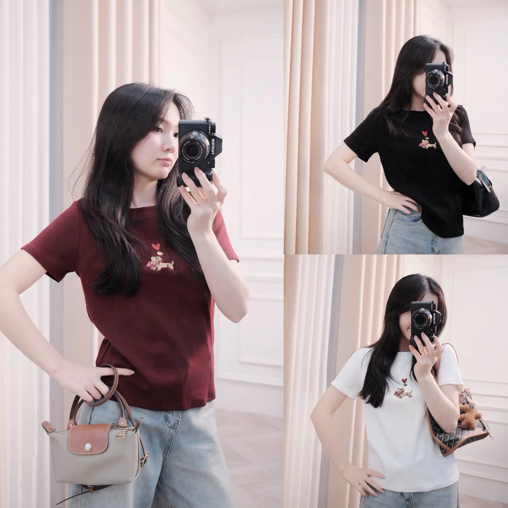 [Steezy] Áo thun cotton thêu Cún trái tim trước sau form vừa, áo thun mềm QC xuân hè cho nữ phong cách đơn giản P6180