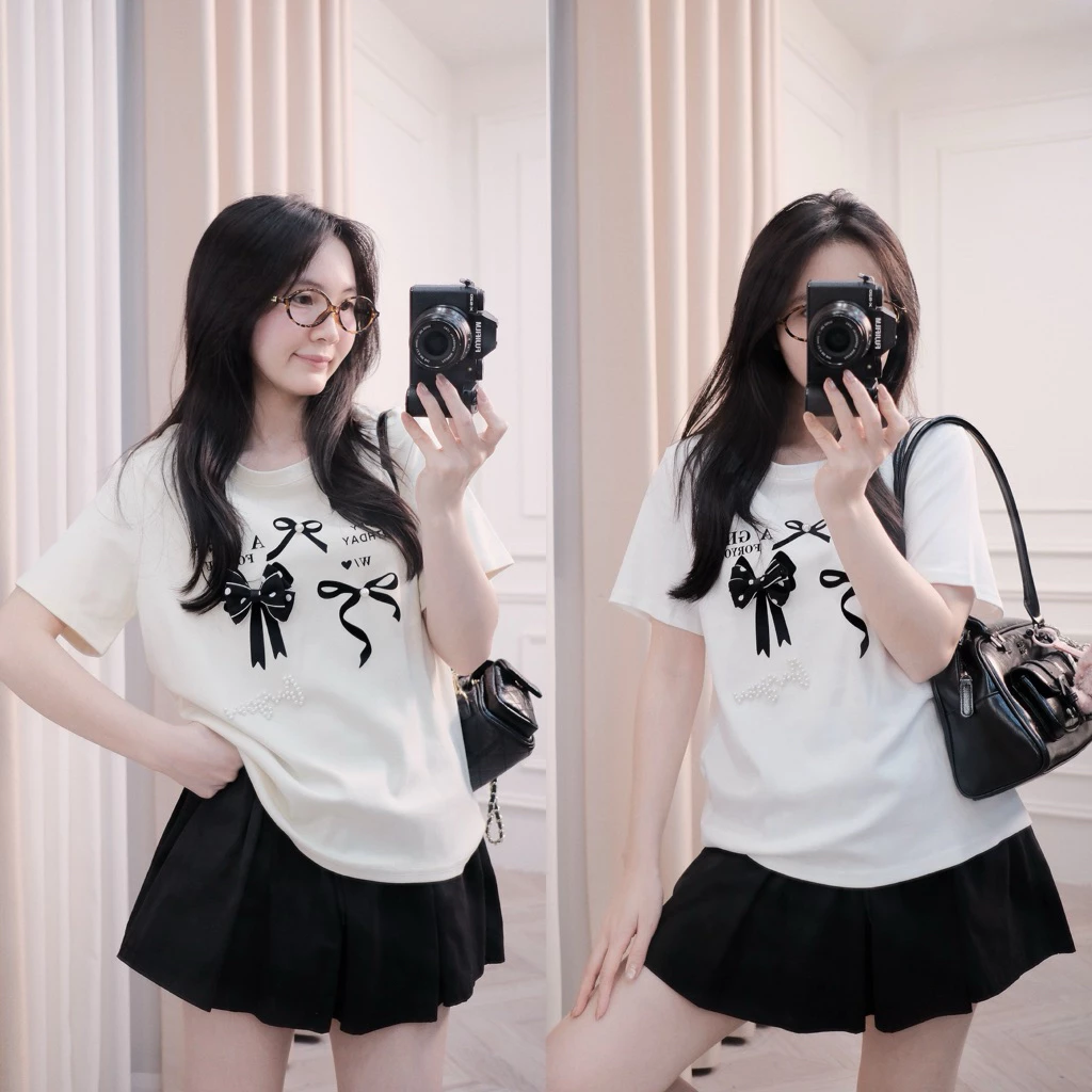 [Steezy] Áo thun cotton in nơ đính nơ ngọc nổi A GIFT form vừa- P1226