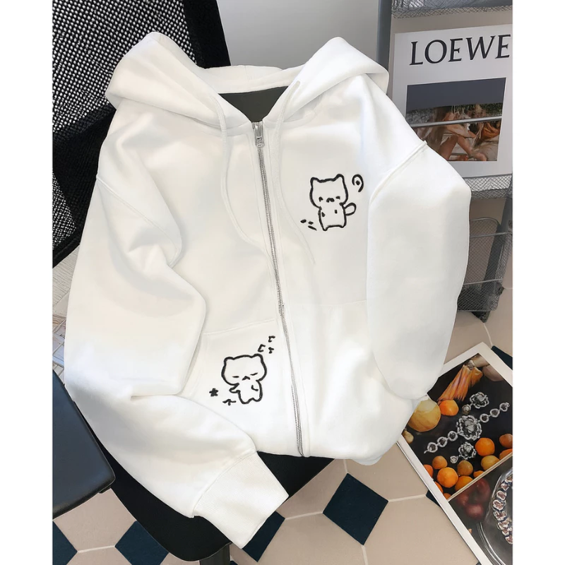 Áo Hoodie Khóa Kéo Form Rộng Unisex Hình 2 Mèo – Hoodie Nỉ Xám Cute Thu Đông ( CÓ TÚI TRONG )