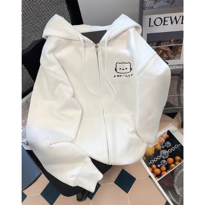 Áo hoodie zip hình 1 mèo dễ thương khóa kéo trước, form oversize phong cách ulzzang ( có túi trong )