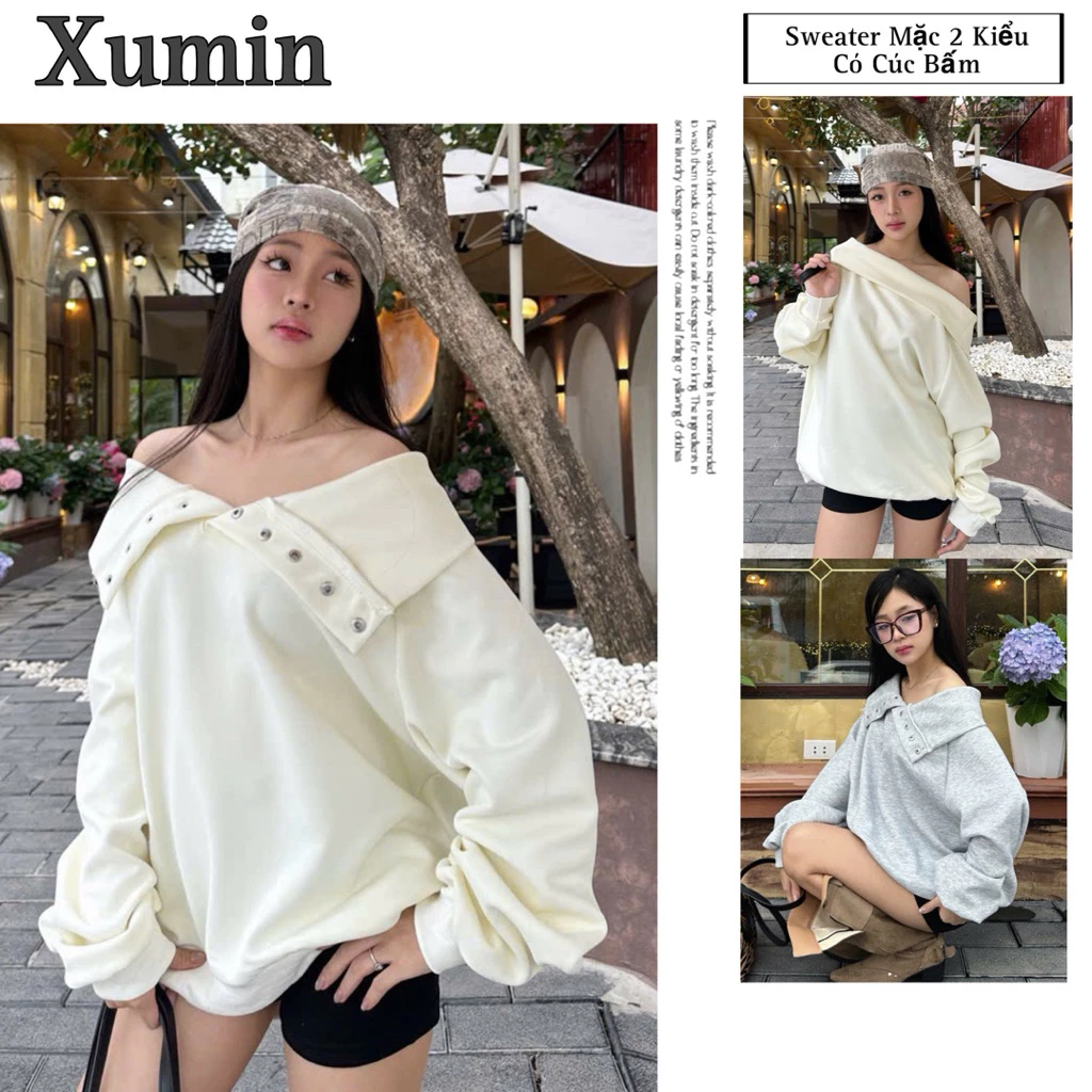 Áo Sweater Trễ Vai Mặc Được 2 Kiểu Xoay Linh Hoạt Mặt Trước Sau Có Cúc Bấm ( Sweater Cúc Bấm 2 Kiểu)
