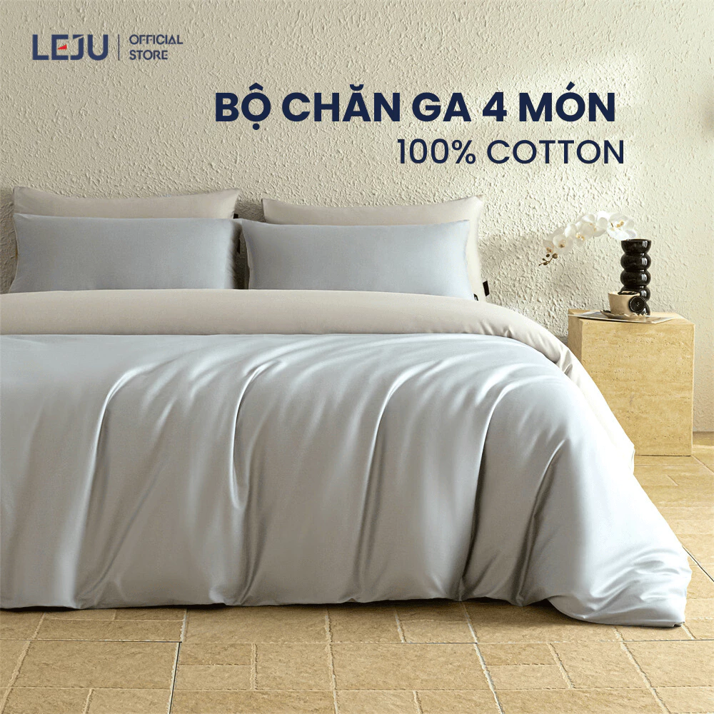 Bộ Chăn Ga Gối 4 Món Cotton 60S HOME LEJU Cao Cấp Mềm Mại Set Ga Giường Drap Chun Và Vỏ Gối Mùa Hè