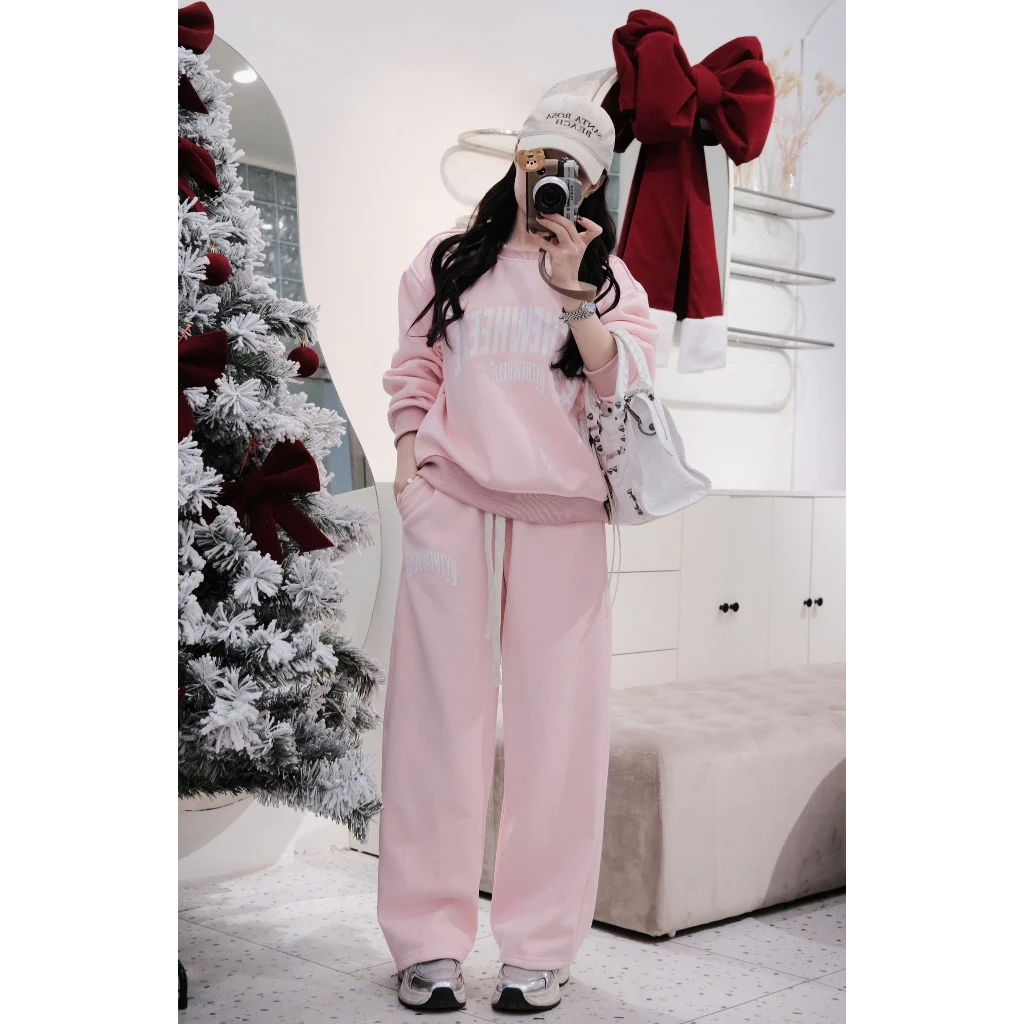 ( NỈ Lông Cáo) Set Bô Nỉ Nữ Cổ Tròn Gồm Áo Sweater From Rộng Và Quần Dài Ống Rông Chất Nỉ Lông CÁo Siêu Ấm Cho Mùa Đông