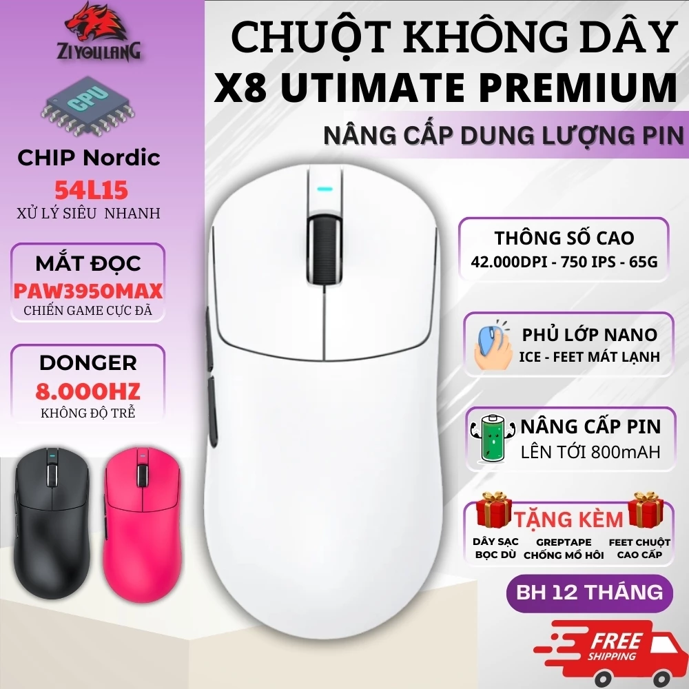 Chuột Gaming Không Dây Attack Shark X8 Ultimate – 3 Mode Kết Nối, PAW3950Max, 8KHz, Pin 800mAh, App