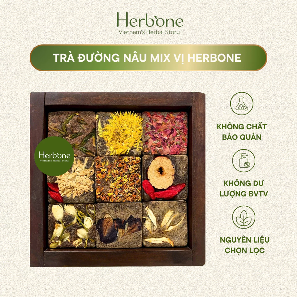 1Kg Trà Viên Đường Nâu Thảo Mộc Nhiều Vị HERBONE Táo Đỏ, Quế Hoa, Kỳ Tử, Gừng, Không Vỡ Vụn Đóng Túi Riêng Mỗi Viên
