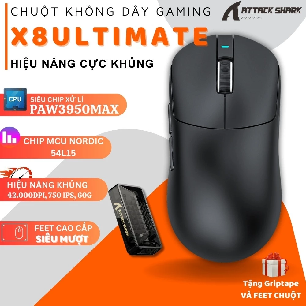 Chuột Gaming Không Dây Attack Shark X8 Ultimate - Cảm Biến PAW3950Max, 42K DPI, Kết Nối Tri-Mode