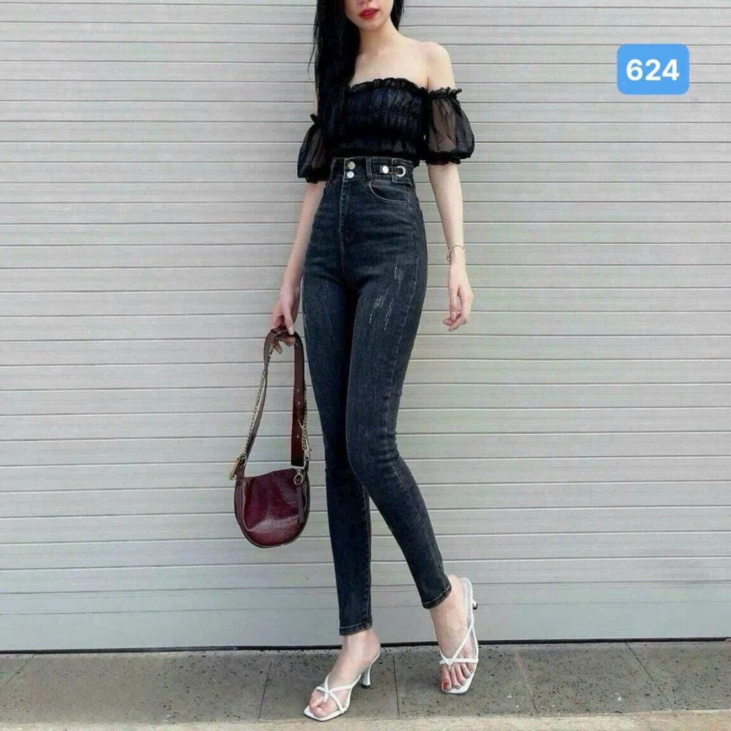Quần rin nữ lưng cao OBOKFASHION ôm đẹp co giãn màu xanh đen trơn thời trang cao cấp hàn quốc dễ phối đồ nữ tính JDN624