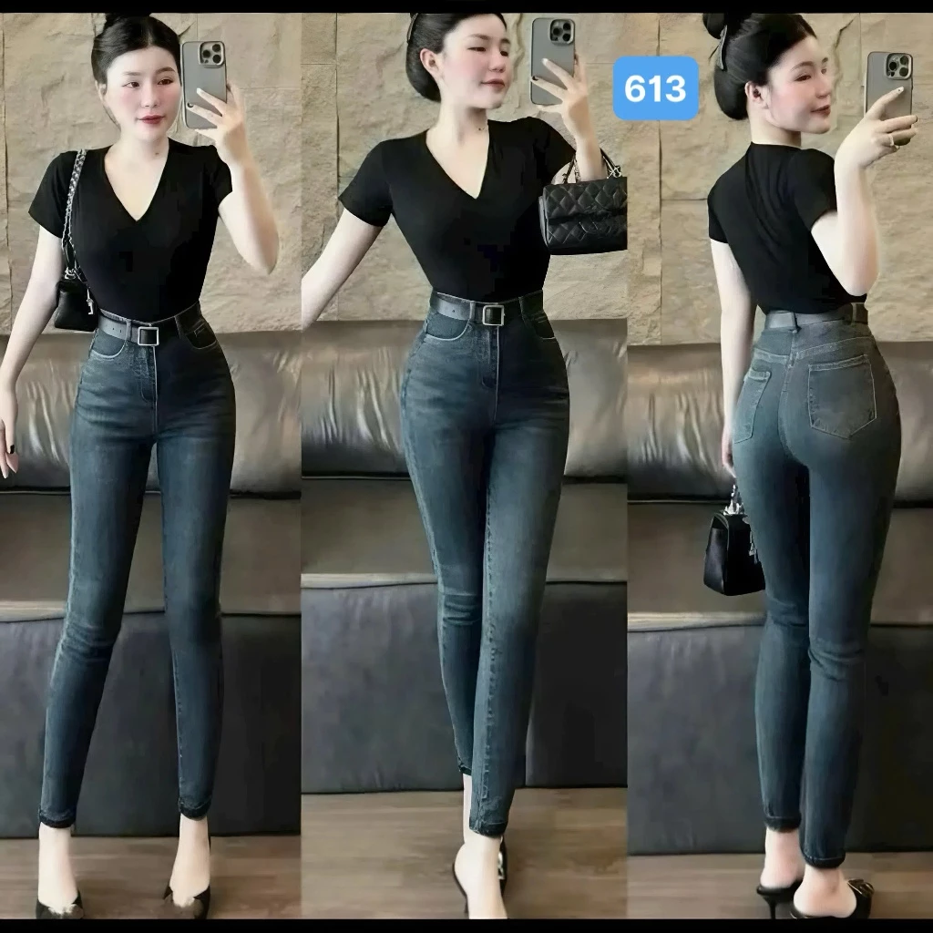 Quần bò nữ lưng cao OBOKFASHION ôm đẹp co giãn màu xanh thời trang cao cấp hàn quốc dễ phối đồ nữ tính JDN613