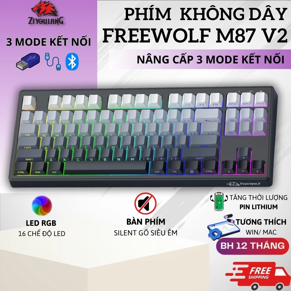 Bàn Phím Không Dây Free Wolf M87 V2 – 3 Chế Độ Kết Nối, Silent Êm, RGB Rực Rỡ, Pin Lithium 4.000mAh