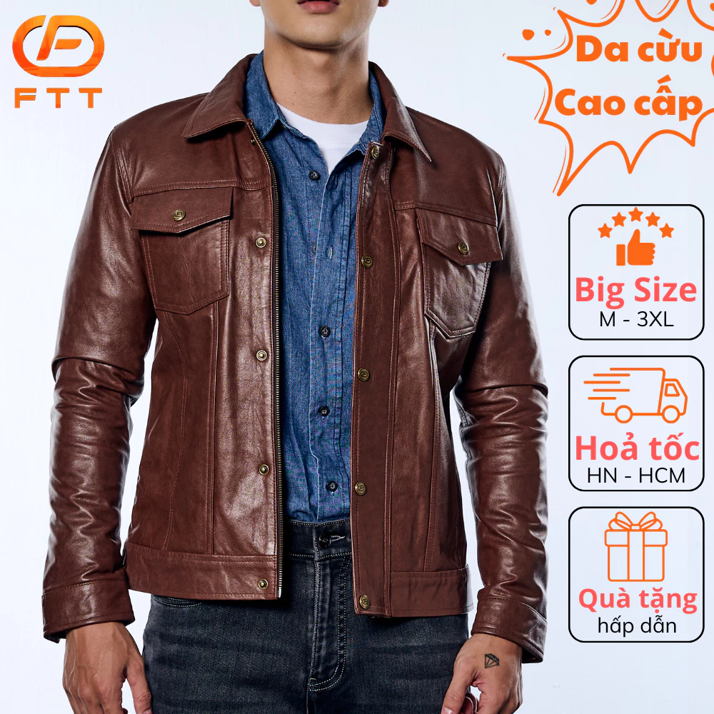 Áo khoác da bò nam nâu loang Trucker Jacket FTT Leather da thật bền bỉ không bong, tróc, nổ AD405B
