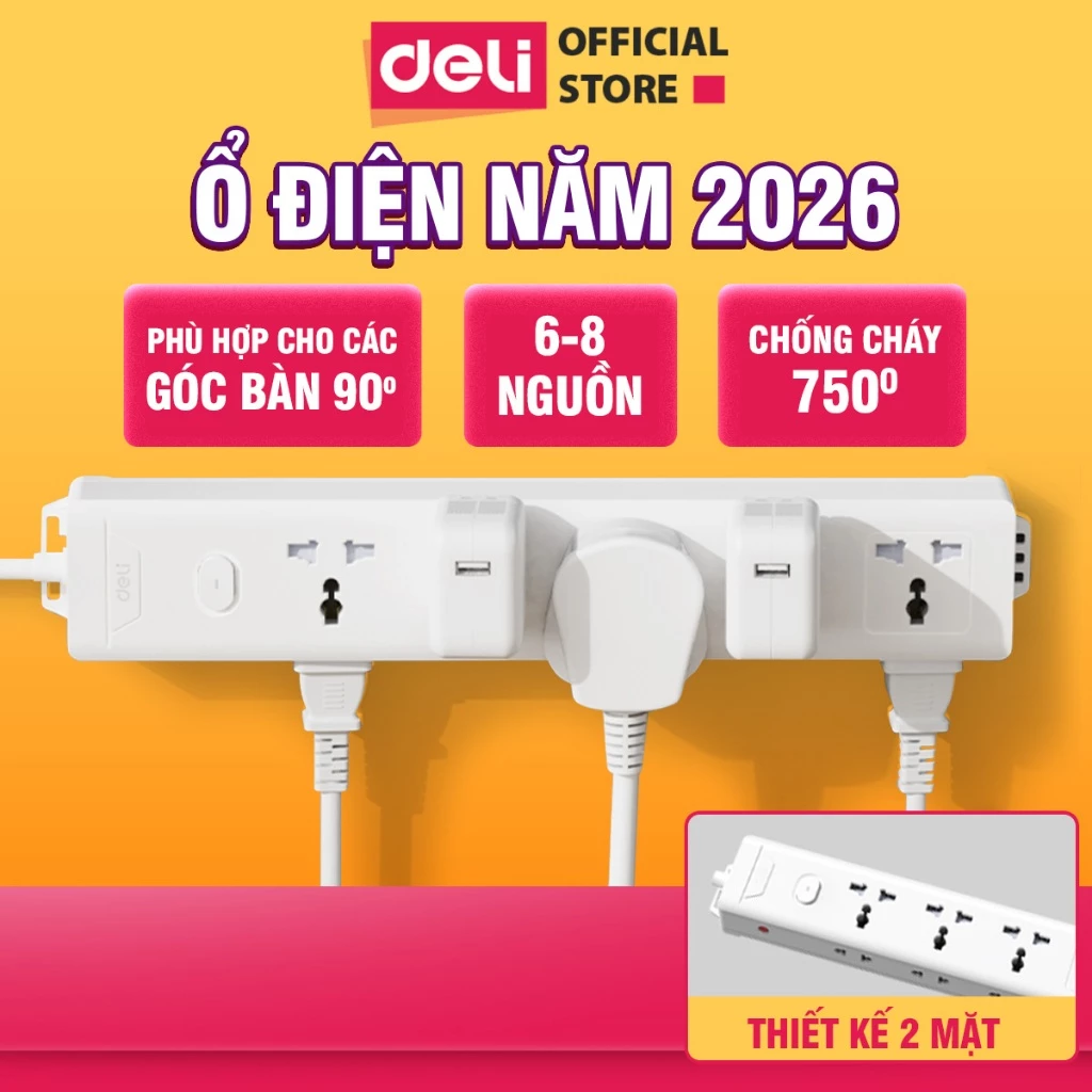 Ổ Cắm Điện 2 Mặt Bên Đa Năng Deli Tích Hợp Cổng USB Type C Chịu Tải 2500W Cắm Mọi Thiết Bị Dây 3M