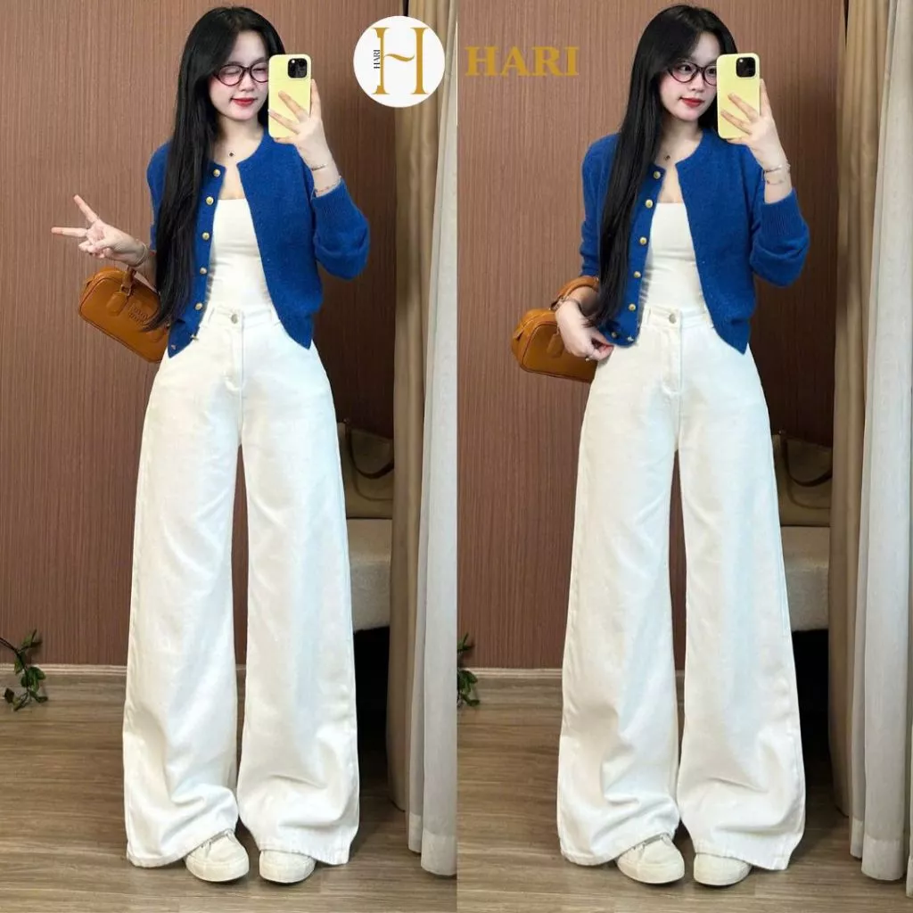 Quần Jean Trắng Nữ Hari Ống Rộng Loe Nhẹ Cạp Cao Tôn Dáng Unisex Dễ Phối Đồ Mặc Đi Học Đi Làm