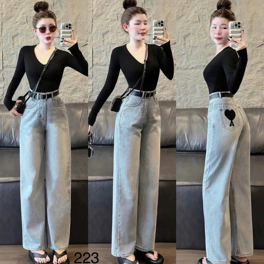 Quần jean suông ống rộng thêu chữ hồng kèm dây