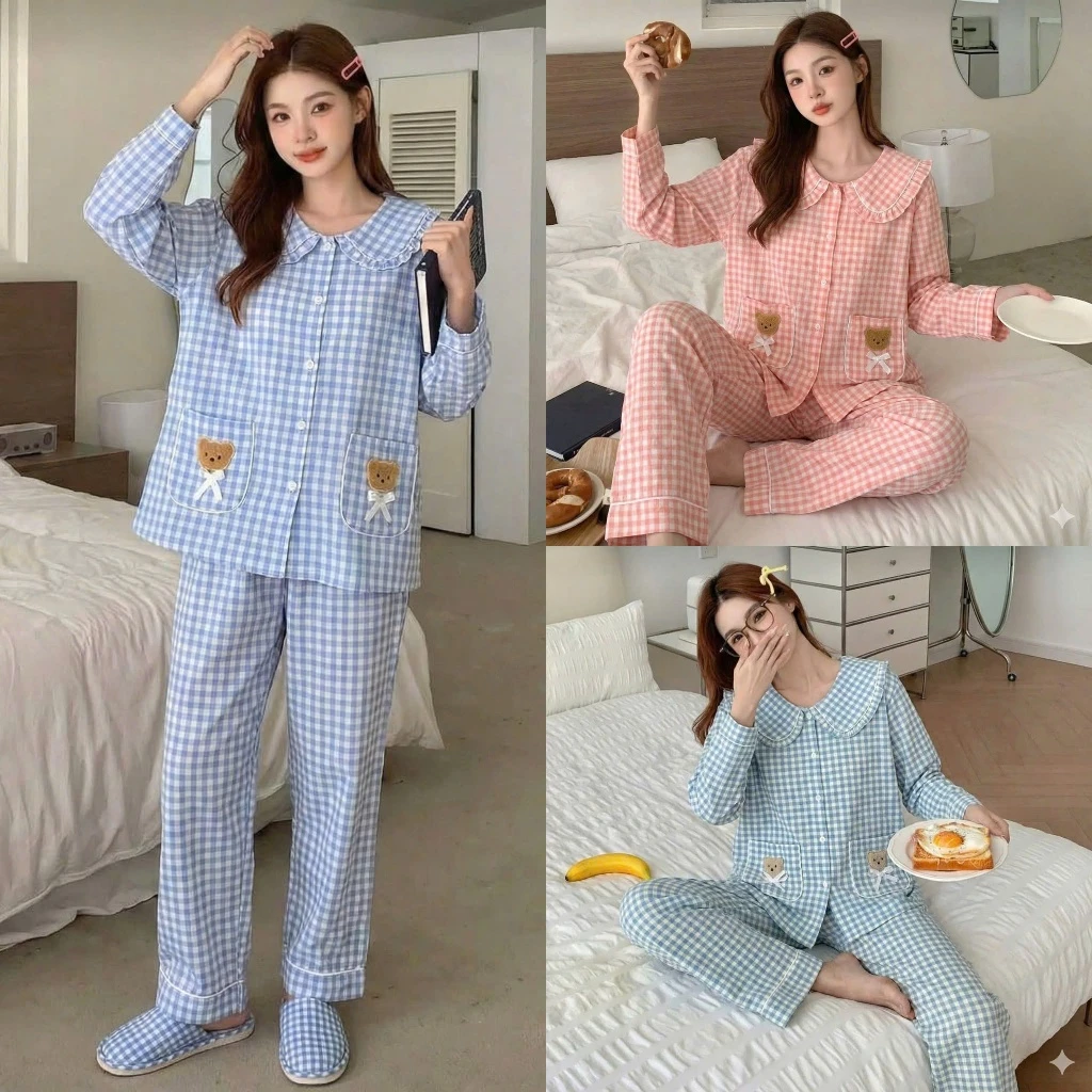 Bộ pijama caro tiểu thư thêu gấu 2 bên túi - Bộ đồ ngủ mặc nhà cổ bèo sen dễ thương