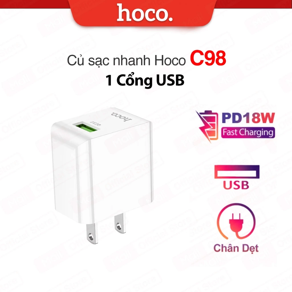 Củ sạc nhanh Hoco C98 PD18W - 1 cổng USB phù hợp với nhiều thiết bị,chất liệu PC cao cấp ,chân dẹt